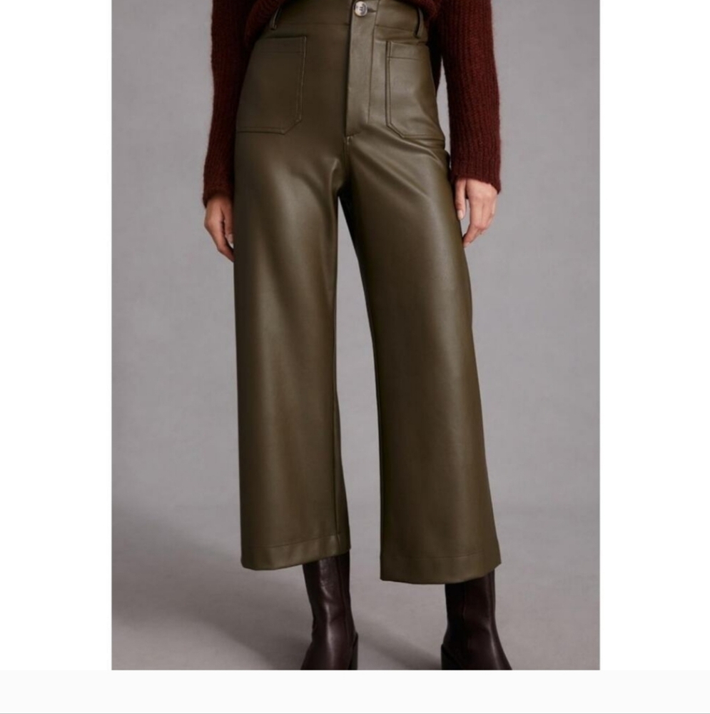 Anthropologie Olive Green Faux-Leather Wide-Leg Pants